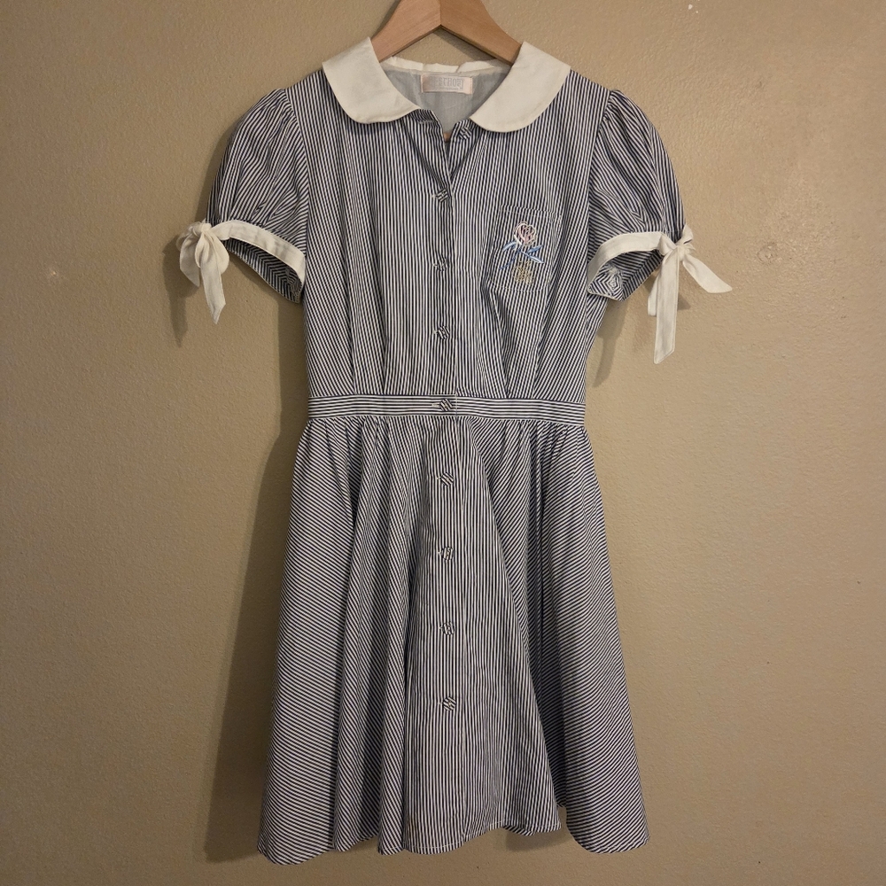 SECRET HONEY J Fashion Otome Blue White‎ Stripe Peter Pan Fit & Flare Dress SZ 2